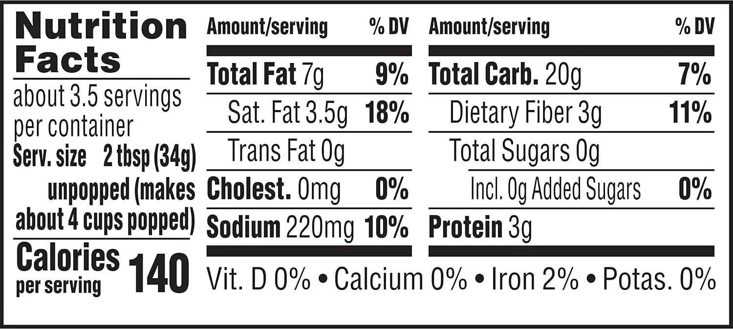 Nutrition Facts panel of Jiffy Pop Butter Flavored Popcorn