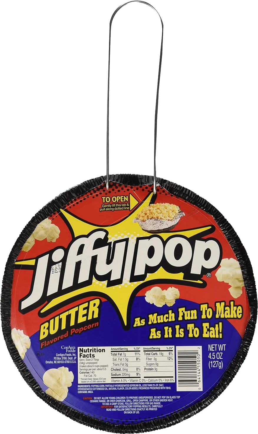 Jiffy Pop Butter Flavored Popcorn in its stovetop pan with the wire handle